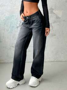 EURMUSE Damen gerade geschnittene Jeans mit niedriger Taille - Dunkelgrau - Übersicht 5