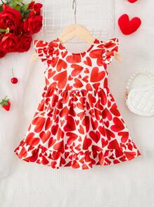 SHEIN 嬰幼兒女童休閒寬鬆短袖愛心圖案連衣裙 - 紅色 - 查看 3