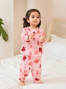 SHEIN 2pcs Baby Girl Cute Rabbit Full Print Textured Fabric Loose Fit Long Sleeve Top And Long Pants Casual Home Outfit Set - Pink - View 6