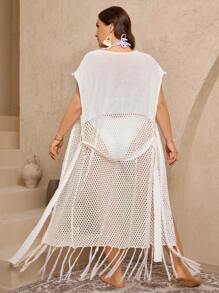 SHEIN Swim Curve 大码女式连衣裙纯色针织短袖长款罩衫配腰带和流苏装饰，简约休闲度假装夏季 - 白色 - 查看 2