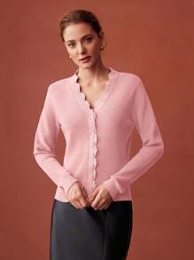 MOTF PREMIUM CONTRAST LACE BUTTON UP LIGHTWEIGHT CARDIGAN - Pink - View 7