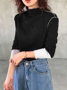 FRIFUL Women's Solid Color Splice Stand Collar Long Sleeve Simple Casual Top - Multicolor - View 1