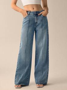 Forever 21 Calça Jeans Feminina Casual Solta com Bolsos e Perna Larga