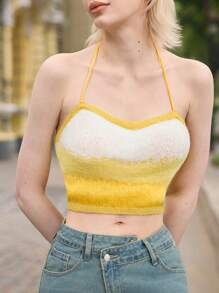 Skyraze Women Holiday Ombre Backless Halter Cropped Knit Top,Gradient Pattern - Yellow - View 3