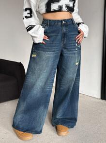 SHEIN EZwear Plus Size Loose Fit Ripped Blue Denim Wide Leg Casual Jeans Fashion Solid Retro Washed Baggy Women Jeans High Waist Straight Leg Jeans Wide Leg Jeans Winter Jeans Halloween Outfits Street Cool Style Streetwear Pants For Women Homecoming Fall Clothes