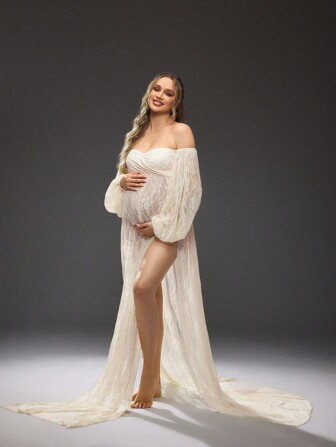 SHEIN Vestito di maternità elegante con scollo a spalle scoperte, maniche lunghe, colore unito, orlo spalmato, per servizio fotografico premaman