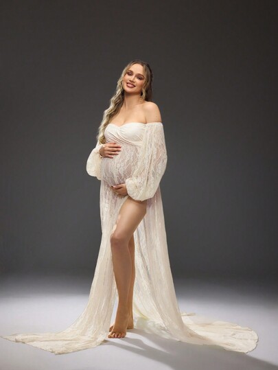 Cheriluna Maternity Vestito di maternità elegante con scollo a spalle scoperte, maniche lunghe, colore unito, orlo spalmato, per servizio fotografico premaman