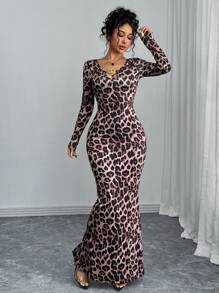 Chiquease Vestido largo de estampado de leopardo con decoración metálica en color oro rosa y escote sexy de estilo ajustado, nuevo modelo 2024 (estampado aleatorio)