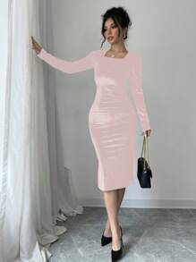 Chiquease Black Velvet Crew Neck Long Sleeve Backless Bowknot Slit Wrap Women Dress For Holiday Party Clothes Maxi Women Outfit Fall Cloth For Women - Baby Pink - View 4