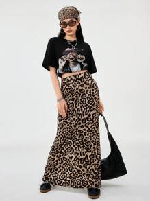 SHEIN Teen Girl Spring/Summer Streetwear/Vintage/Y2K Leopard Print/Cheetah Print Casual Skirt,Mermaid Skirt,Nye,Parent-Child,Girls Valentines - Coffee Brown - View 6