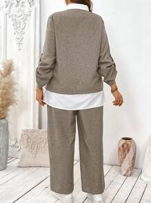 Linhara Completo donna taglie forti, camicia a maniche lunghe e pantaloni a contrasto di colore, set 2 pezzi per l'autunno