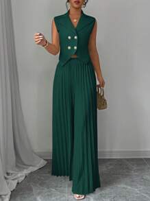 Selianne 优雅女士商务套装，简约时尚休闲日常上衣和裙子 - 墨綠色 - 查看 3