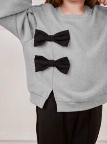 Cozy Pixies Young Girl 3D Bowknot Crew Neck Small Drop Shoulder Sweatshirt - Grey - View 14