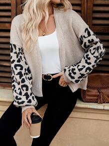 EMERY ROSE Women Leopard Print Patchwork Casual Cardigan Sweater - Multicolor - View 1