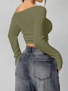 Flirla Pull court ajusté à col asymétrique, couleur unie, style minimaliste et polyvalent. Tricot pour l'automne et l'hiver - Vert - Voir 2