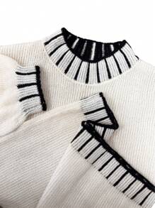 Chiquease 秋冬休闲圆领拼色条纹立领宽松针织毛衣 - 白色 - 查看 7