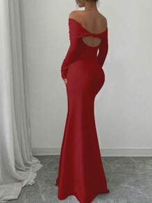 Rafferiza 性感优雅紧身长袖高腰露肩扭花鱼尾下摆白色纯色针织连衣裙，女款，秋冬 - 酒紅色 - 查看 2