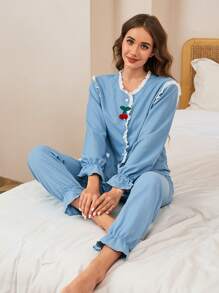 SHEIN Bộ đồ mặc ở nhà 2 món áo len cardigan và quần dài thoải mái, thanh lịch, màu xanh lam dành cho nữ - Màu xanh lam - Xem 1