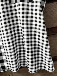 Linhara Plus Size Women Summer Elegant Vintage Plaid Pocket Patched Blouse - Black and White - View 3