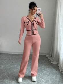 Elenzga 2pcs/Set Casual Color Block Trim Cardigan Sweater & Pants Set, Autumn/Winter - Pink - View 1