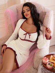 女士纯色蕾丝拼接长袖休闲短款睡裙娃娃装节日季