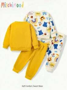 2 件套 幼儿男孩可爱卡通动物印花圆领长袖运动衫和裤子套装 - 彩色 - 查看 2