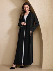 Al Najma 女士传统条纹宽松长袍，棕色 - 黑色 - 查看 4