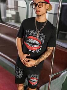Manfinity EMRG Men's Oversized Graphic Print Round Neck Short Sleeve T-Shirt And Shorts Set, Casual,Men's Black T-Shirt And Shorts Set, With Eye-Catching Red Lips Inlaid With Diamonds And The Word "SUCCESS", Is Fashionable And Street-Style. Suitable For Outdoor Sports Occasions. - Black - View 5
