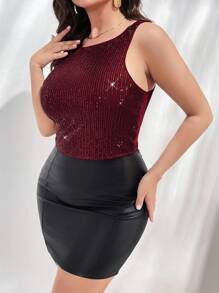 SHEIN Privé Plus Size Elegant Solid Color Sequin Fitted Tank Top