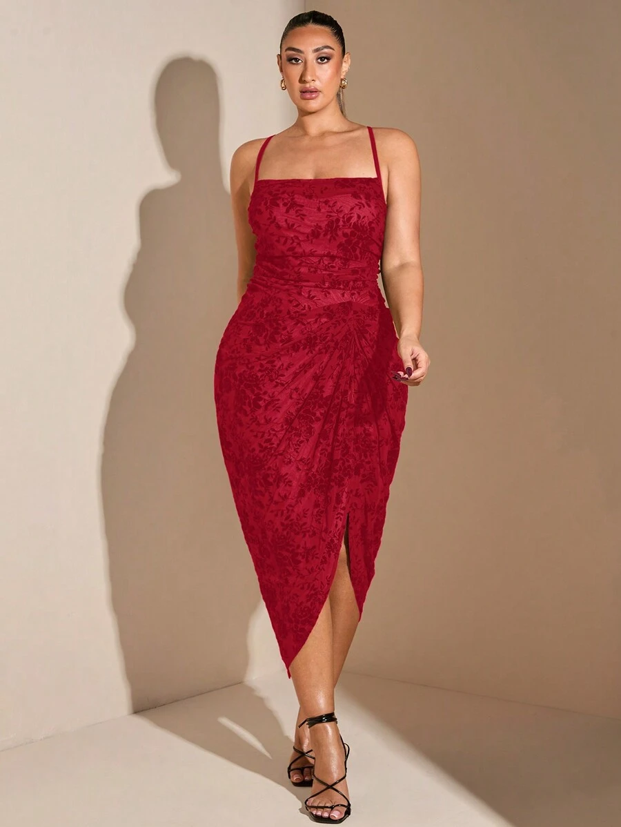 SHEIN BAE Plus Size Damska Elegancka Flokowanie Graceful Midi Plisowana Sukienka Odpowiednia Na Codzienną Randkę, Boże Narodzenie, Święto Dziękczynienia, Walentynki, Koronka, Minimalizm, Damskie Stroje Imprezowe, Sukienki Okazjonalne, Jesień, Sukienka Tiulowa, Krągłości, Elegancka, Sukienka Koktajlowa, Impreza, Wyjście Wieczorne, Plisowana, Rozcięcie, Seksowna, Sukienka Na Szelki, Przyjęcie Urodzinowe, Święta, Długa Spódnica, Popołudniowa Herbata, Suknia Wieczorowa