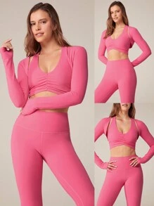 GLOWMODE FeatherFit™ 短款无限长袖背心耸肩上衣带拇指孔低冲击瑜伽日常夏季 - Blush Crush - 查看 7