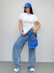 Coolane 大码短款不对称荷叶边 T 恤，夏季