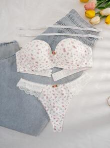 PetitDoll 2pcs/Set Women Lace Patchwork Wirefree Lingerie Bra And Panty Set, Spring Clothes - White - View 5