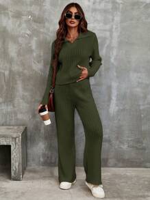 EMERY ROSE Solid Ribbed Knit Sweater & Knit Pants Fall Winter Cloth For Women - Army Green - View 3