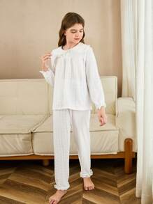 SHEIN Tween 女童白色蕾丝边长袖长裤两件套休闲舒适宽松优雅家居服 - 白色 - 查看 4