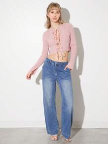 SHEIN EZwear 女士纯色前系带镂空性感修身长袖短款开衫，秋季 - 粉色 - 查看 4