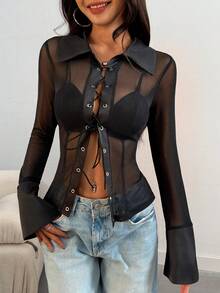 INAWLY Women's Mesh See-Through Personalized Long Sleeve Knitwear Top - Black - View 6