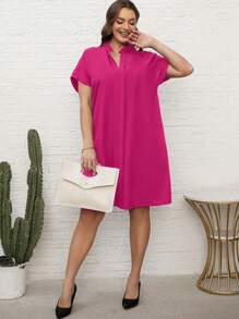 EMERY ROSE Plus Size Summer Notched Neckline Black Short Sleeveblack Dress With Cut-Out Detail - Hot Pink - View 4