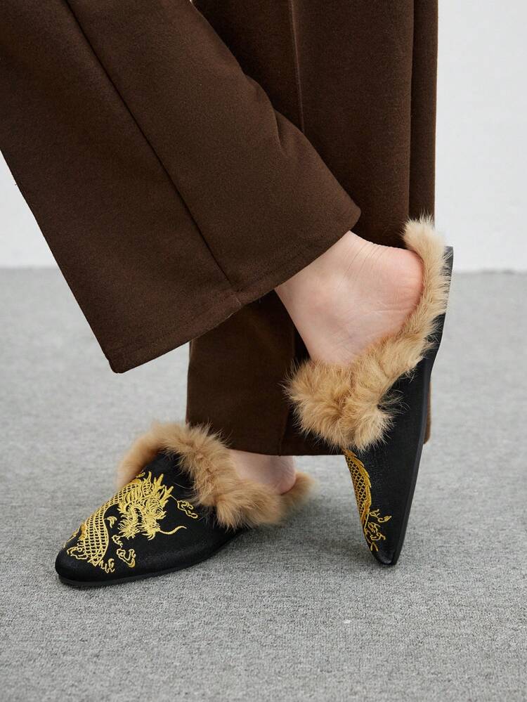 CUCCOO BIZCHIC Comfortable Fashion Black Velvet Embroidered Flat Mules With Gold Thread, Square Toe Women Flat Shoes Valentine's Day