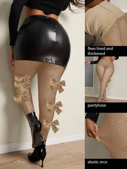 Inoviana Plus Size 3D Bow Tight Leggings, Elegant And Sophisticated Fall Cloth For Women