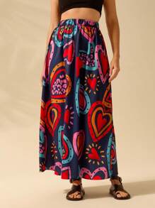 CAJUNI Falda larga de estilo boho con estampado de corazones de colores para mujer, falda informal de playa de verano negra - Azul - Ver 4