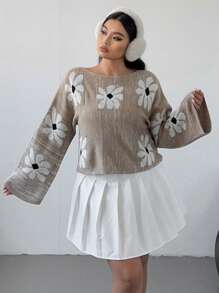 Flirla Plus Size Women Floral Pattern Round Neck Long Sleeve Casual Sweater, Autumn/Winter Knit Pullover Fall - Apricot - View 3