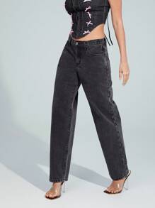 Denimoi 优质低腰宽松直筒牛仔裤 - 黑色 - 查看 3