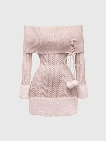 Kawaii Robe pull femme avec pendentif en fourrure, épaules dénudées, patchwork duveteux, décoration pour la Saint-Valentin