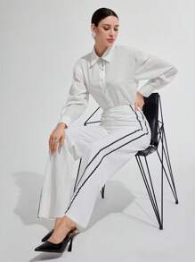 Modelyn Casual Contrast Trim High Waist Wide Leg Pants - White - View 1