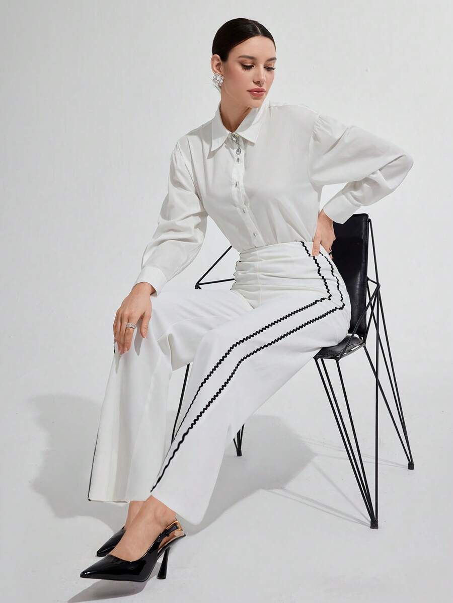 Modelyn Casual Contrast Trim High Waist Wide Leg Pants - White - View 1