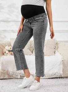 SHEIN Maternity Contrast Color Patchwork High Waist Tapered Leg Jeans - Grey - View 6