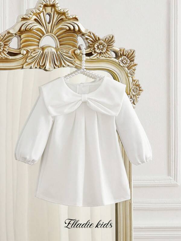 SHEIN Baby Girl Thick White Ribbed Dress With Sweet Bowknot Collar, Casual And Suitable For Party Gathering, Spring/Autumn