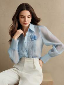 Anewsta Áo thun nữ xuân/hè mới ren chiffon chắp vá hoa thủ công trang trí thường ngày đi làm, lưới - Màu xanh lam - Xem 4