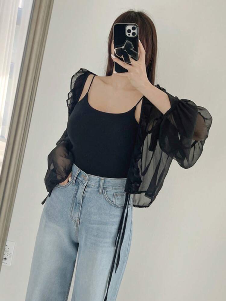 Women's Mesh Sheer Frill Trim Tie Front Lantern Sleeve Long Sleeve Blouse, Black, Spring/Summer,Fall Women Clothes